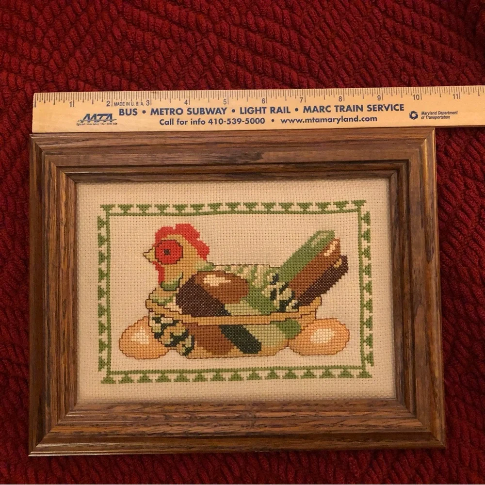 Framed Vintage  Cross-Stitch Nesting Hen with Eggs Rustic Farmhouse Whimsical - Picture 7 of 12